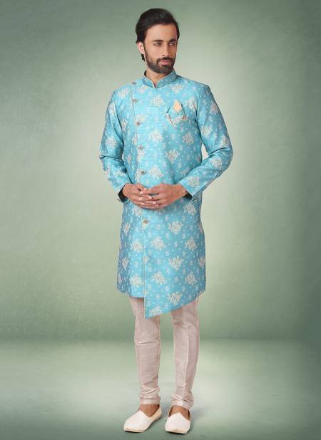 Blue Colour New Exclusive Wedding Wear Jacquard Banarasi Brocade Indo Western Mens Collection 1088